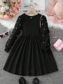 SHEIN Tween Girl Pearls Beaded Puff Sleeve Dress