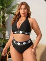 SHEIN Swim Vcay Women's Plus Size Floral Printed Halter V-neck Bikini Swimsuit Set