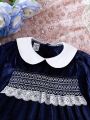 Baby Girl Contrast Collar Flounce Sleeve Lace Trim Peter Pan Collar Smock Dress