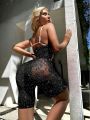 Women's Sexy Hollow Out Rhinestone Decor Halter Neck Bodystocking Without Innerwear