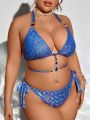 SHEIN Swim SXY Plus Size Blue Gemstone Backless Halter Swimsuit