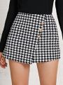 SHEIN Frenchy Plus Houndstooth Print Button Front Skort