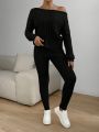 SHEIN Essnce Cable Knit Boat Neck Drop Shoulder Sweater & Knit Pants