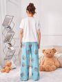 SHEIN Teenage Girls' Knitted Elephant & Bunny Pattern T-shirt And Pants Set For Home