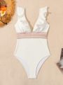 SHEIN Swim Chicsea Women'S Patchwork Woven Belt & Ruffle Trim & V-Neck Decoration One-Piece Swimsuit