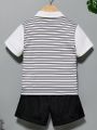 SHEIN Kids EVRYDAY Boys' Casual College Style Striped Knitted Tie Polo Shirt With Woven Solid Shorts Set