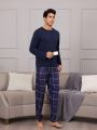 Men'S Solid Color Long-Sleeved T-Shirt And Plaid Trousers Loungewear Set