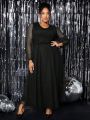 SHEIN CURVE+ Plus Size Women's Shining Mesh Long Sleeve Dress