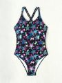 One Piece Teenage Girls' Swimsuit With 3d Artistic Star Print, Perfect For Casual Parties