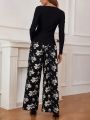 SHEIN Frenchy Women's Solid Color Striped Top & Print Pants Two Piece Set