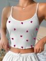 Heart Print Lettuce Trim Cami Sleep Top