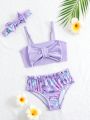 Young Girl Butterfly Pattern Printed Swimsuit Set With Hair Accessories