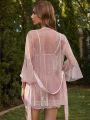 Dobby Mesh Lace Trim Belted Sleep Robe Without Slips