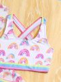 Young Girls' 3pcs/Set Rainbow Printed Vest & Striped Detail Bikini Swimsuit Set