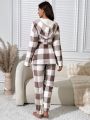 Buffalo Plaid Print Drop Shoulder Belted Flannel Lounge Set