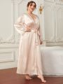 Plus Contrast Lace Belted Satin Robe & Cami Dress PJ Set