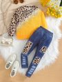 SHEIN Kids Cooltwn Young Girl New Round Neck Leopard Pattern Printed Long Sleeve Sweatshirt And Denim Effect Pants Set