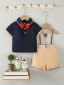 Baby Boy'S Bow Short-Sleeved Color-Blocked Shirt And Suspender Shorts Gentleman'S Suit