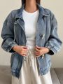 FRIFUL Women's Horn Button Drop-Shoulder Long Sleeve Denim Jacket