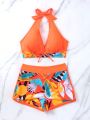 Summer Beach Tropical Print Halter Bikini Set