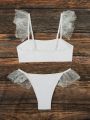 SHEIN Swim Mod Mesh Ruffle Trim Pearl Beaded Bikini Swimsuit Set