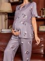 Maternity Floral Printed Short Sleeve Top And Long Pants Pajama Set