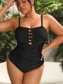 SHEIN Swim Basics Plus Size Solid Color Cross Detail One Piece Swimsuit