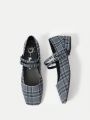 SHEIN MOD Women's Low Heel Mary Jane Plaid Cloth Flat Shoes For Ladies