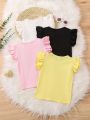 SHEIN Kids EVRYDAY Girls' Simple Classic Fly Sleeve Three-Piece T-Shirt Set For Summer