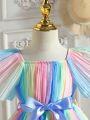 SHEIN Kids FANZEY Young Girls' Summer New Arrival Chiffon Multicolor Gradient Pleated Dress