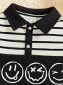 SHEIN Boys' Casual Comfortable Emoticon Print Striped Polo Shirt With Turn-Down Collar, Long Sleeve