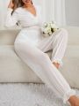 Ladies' Lace Panel Long Sleeve Top And Pants Pajama Set