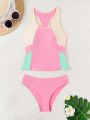 Teenage Girls' Vest Style Color Block Bikini Set For Summer Vacation Beachwear