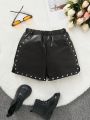 SHEIN Kids EVRYDAY Tween Girls' Woven Net Color Pu Leather Rivet Decoration Shorts