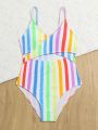 Tween Girls' Colorful Striped One-Piece Swimsuit With Spaghetti Straps