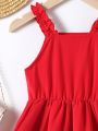 SHEIN Kids EVRYDAY Little Girls' Red Ruffle Trim Decor Waist Belted Cami Dress