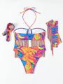 SHEIN Swim Y2GLAM Full Print Criss Cross Halter Neck Swimsuit Set