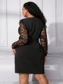 SHEIN CURVE+ Plus Size Wrap Neck Belted Lace Sleeve Midi Dress