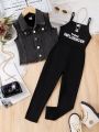 SHEIN Kids Cooltwn Young Girl's Bold And Fashionable Street Style Denim Vest And Jumpsuit With Slim Fit Pants, Spring And Autumn