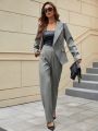 SHEIN Privé Women's Solid Color Collarless Blazer With Waist Belt & Straight Pants Suit Set