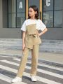 SHEIN Kids HYPEME Tween Girls' Urban Fashion Spring/Summer Short Sleeve Patchwork Top And Pants Set