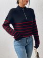 Striped Drop Shoulder Zipper Front Sweater