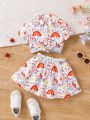 SHEIN Baby Girl Casual & Lovely Graffiti Pattern Short Sleeve Shirt + Skirt Outfit Set