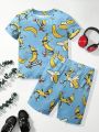 SHEIN 2pcs/Set Casual And Cute Banana & Skateboard Printed Short Sleeve T-Shirt And Shorts Home Wear For Young Boys