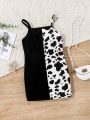 SHEIN Baby Girl Casual Cute Splicing Cow Pattern Printed Sleeveless Dress
