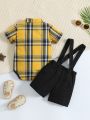 Baby Boy Plaid Print Bow Front Shirt Bodysuit & Suspender Shorts