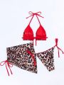 SHEIN Swim BAE 3pcs Leopard Print Halter Neck Bikini Set With Side Tie Triangle Top And Swim Shorts/skirt Bottom