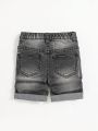 SHEIN Boys' Casual Casual Denim Shorts With Slight Elasticity And Irregular Holes