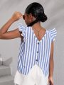 SHEIN Kids Cooltwn Girls Striped Print Ruffle Trim Button Back Blouse