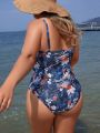 SHEIN Swim Classy Plus Size Women's Floral Printed Elegant One-piece Swimsuit